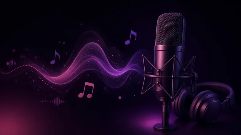 AI ASMR voice generator illustration with a studio microphone, soft sound ripples and lo-fi music notes