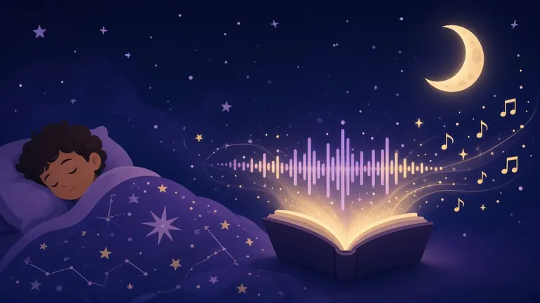 AI bedtime story narrator illustration showing an open book, crescent moon and stars with lullaby music waves
