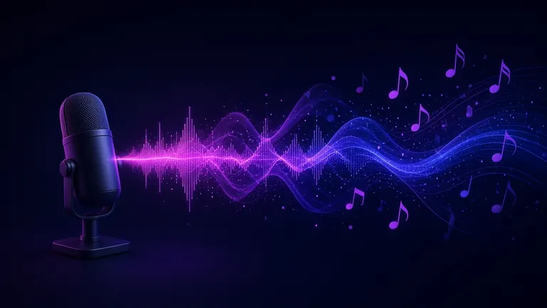 AI speech generator illustration with a voice waveform and background music notes in purple and indigo