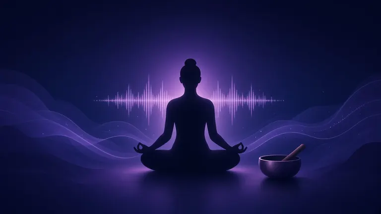 AI meditation voice generator illustration with a seated figure, gentle sound waves and a quiet indigo horizon
